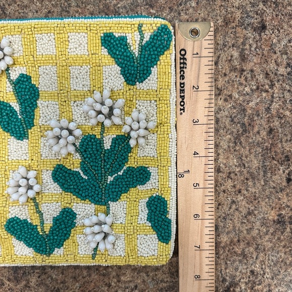Anthropologie Fiona Large Beaded Pouch Yellow Lattice Floral Top Zipper Closure - Picture 12 of 12